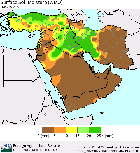 Middle East and Turkey Surface Soil Moisture (WMO) Thematic Map For 12/19/2022 - 12/25/2022