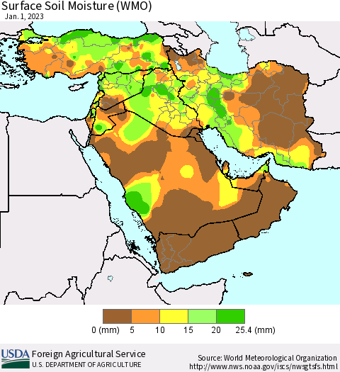 Middle East and Turkey Surface Soil Moisture (WMO) Thematic Map For 12/26/2022 - 1/1/2023