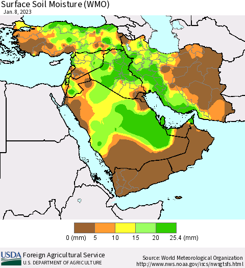 Middle East and Turkey Surface Soil Moisture (WMO) Thematic Map For 1/2/2023 - 1/8/2023