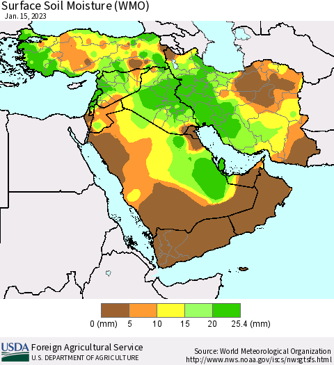 Middle East and Turkey Surface Soil Moisture (WMO) Thematic Map For 1/9/2023 - 1/15/2023
