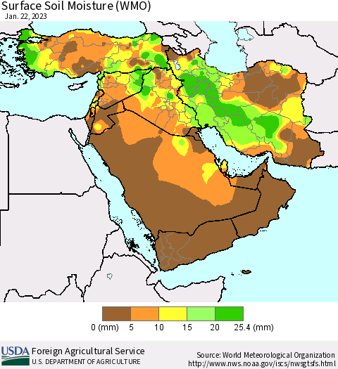 Middle East and Turkey Surface Soil Moisture (WMO) Thematic Map For 1/16/2023 - 1/22/2023