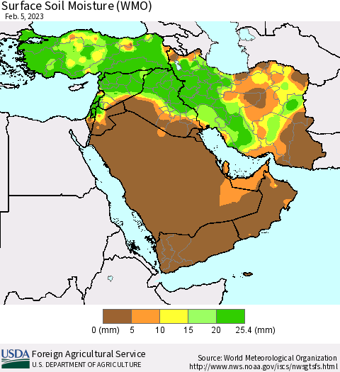 Middle East and Turkey Surface Soil Moisture (WMO) Thematic Map For 1/30/2023 - 2/5/2023
