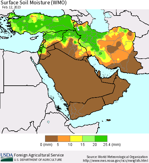Middle East and Turkey Surface Soil Moisture (WMO) Thematic Map For 2/6/2023 - 2/12/2023