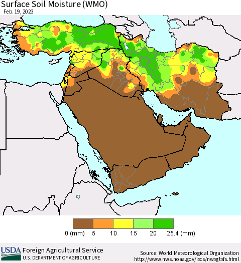 Middle East and Turkey Surface Soil Moisture (WMO) Thematic Map For 2/13/2023 - 2/19/2023