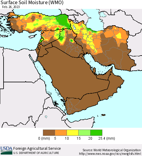 Middle East and Turkey Surface Soil Moisture (WMO) Thematic Map For 2/20/2023 - 2/26/2023