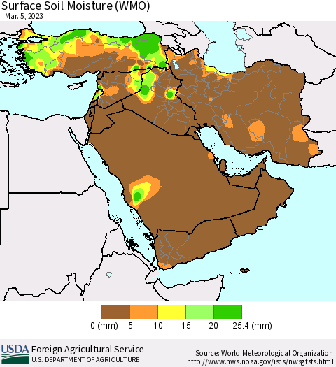 Middle East and Turkey Surface Soil Moisture (WMO) Thematic Map For 2/27/2023 - 3/5/2023