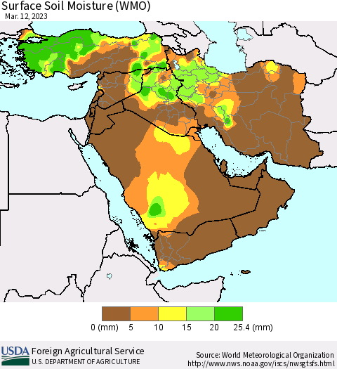 Middle East and Turkey Surface Soil Moisture (WMO) Thematic Map For 3/6/2023 - 3/12/2023