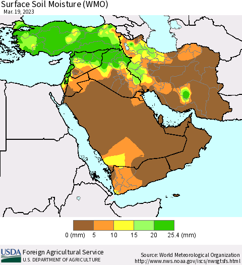 Middle East and Turkey Surface Soil Moisture (WMO) Thematic Map For 3/13/2023 - 3/19/2023