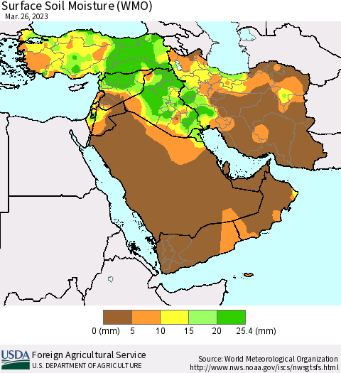 Middle East and Turkey Surface Soil Moisture (WMO) Thematic Map For 3/20/2023 - 3/26/2023