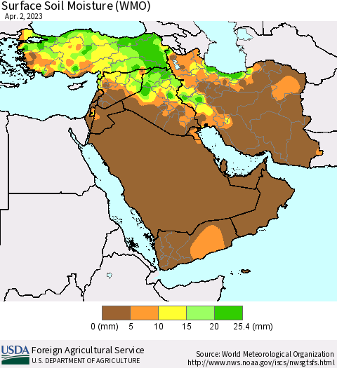 Middle East and Turkey Surface Soil Moisture (WMO) Thematic Map For 3/27/2023 - 4/2/2023