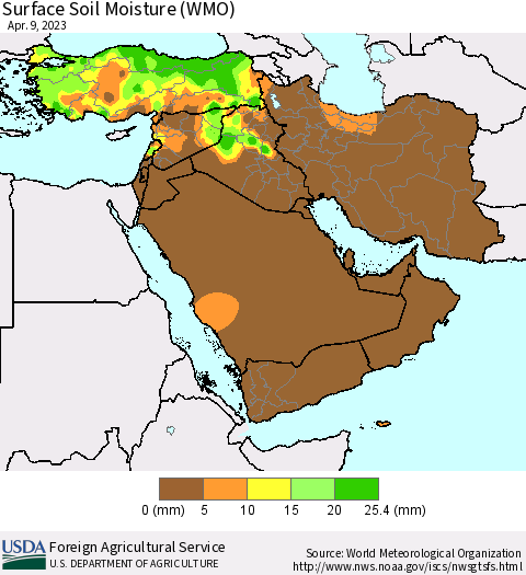 Middle East and Turkey Surface Soil Moisture (WMO) Thematic Map For 4/3/2023 - 4/9/2023