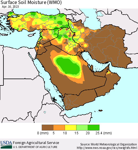 Middle East and Turkey Surface Soil Moisture (WMO) Thematic Map For 4/10/2023 - 4/16/2023