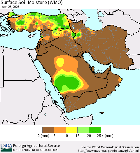 Middle East and Turkey Surface Soil Moisture (WMO) Thematic Map For 4/17/2023 - 4/23/2023