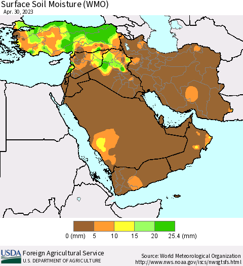 Middle East and Turkey Surface Soil Moisture (WMO) Thematic Map For 4/24/2023 - 4/30/2023