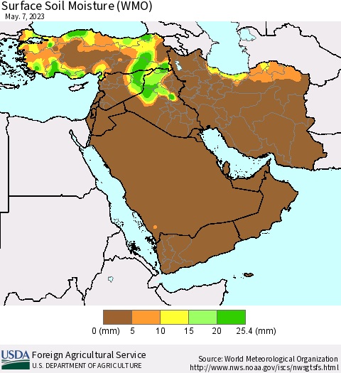 Middle East and Turkey Surface Soil Moisture (WMO) Thematic Map For 5/1/2023 - 5/7/2023