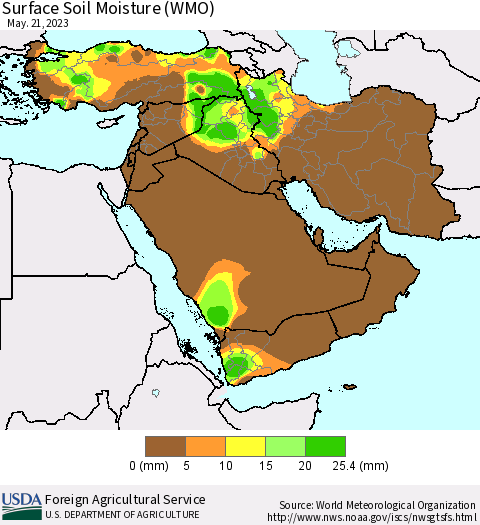 Middle East and Turkey Surface Soil Moisture (WMO) Thematic Map For 5/15/2023 - 5/21/2023
