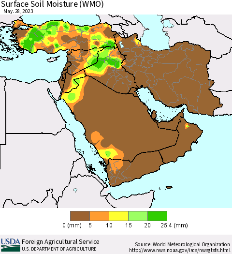 Middle East and Turkey Surface Soil Moisture (WMO) Thematic Map For 5/22/2023 - 5/28/2023
