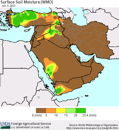Middle East and Turkey Surface Soil Moisture (WMO) Thematic Map For 5/29/2023 - 6/4/2023
