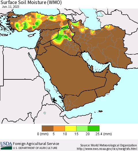 Middle East and Turkey Surface Soil Moisture (WMO) Thematic Map For 6/5/2023 - 6/11/2023