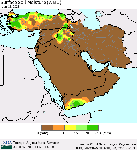 Middle East and Turkey Surface Soil Moisture (WMO) Thematic Map For 6/12/2023 - 6/18/2023