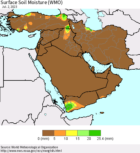 Middle East and Turkey Surface Soil Moisture (WMO) Thematic Map For 6/26/2023 - 7/2/2023