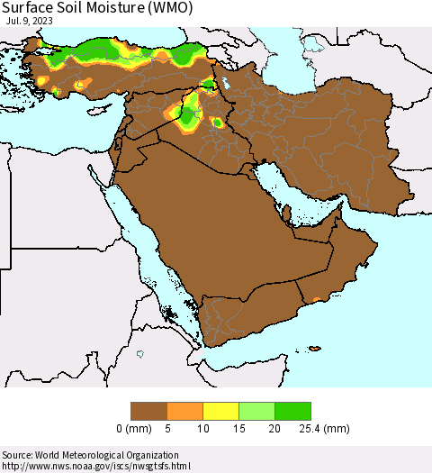 Middle East and Turkey Surface Soil Moisture (WMO) Thematic Map For 7/3/2023 - 7/9/2023