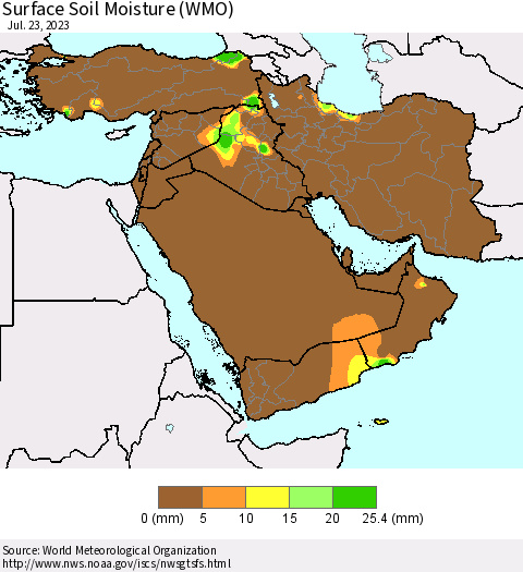 Middle East and Turkey Surface Soil Moisture (WMO) Thematic Map For 7/17/2023 - 7/23/2023