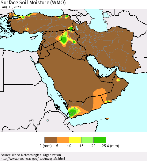 Middle East and Turkey Surface Soil Moisture (WMO) Thematic Map For 8/7/2023 - 8/13/2023