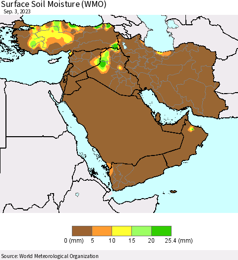 Middle East and Turkey Surface Soil Moisture (WMO) Thematic Map For 8/28/2023 - 9/3/2023