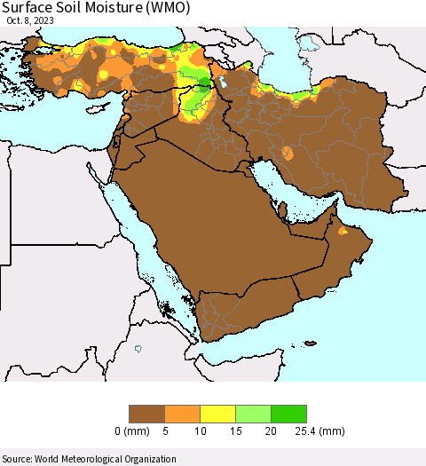 Middle East and Turkey Surface Soil Moisture (WMO) Thematic Map For 10/2/2023 - 10/8/2023