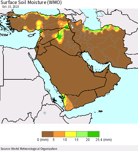 Middle East and Turkey Surface Soil Moisture (WMO) Thematic Map For 10/9/2023 - 10/15/2023