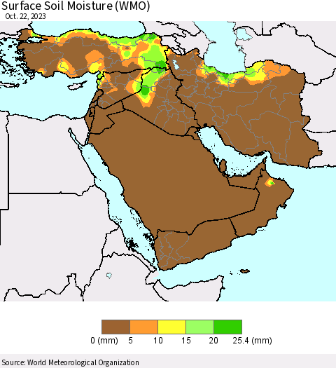 Middle East and Turkey Surface Soil Moisture (WMO) Thematic Map For 10/16/2023 - 10/22/2023