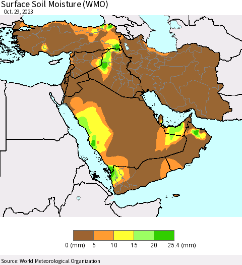 Middle East and Turkey Surface Soil Moisture (WMO) Thematic Map For 10/23/2023 - 10/29/2023