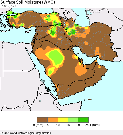 Middle East and Turkey Surface Soil Moisture (WMO) Thematic Map For 10/30/2023 - 11/5/2023