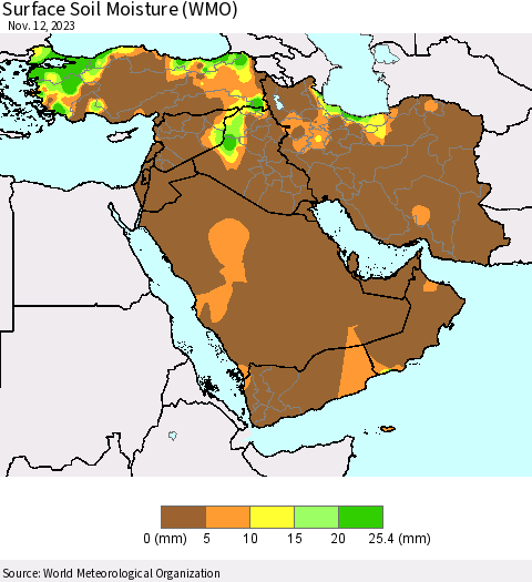 Middle East and Turkey Surface Soil Moisture (WMO) Thematic Map For 11/6/2023 - 11/12/2023