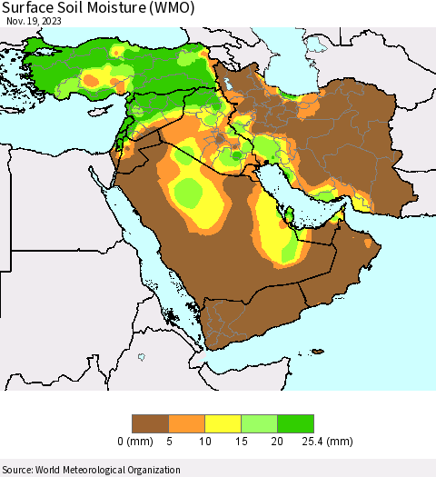 Middle East and Turkey Surface Soil Moisture (WMO) Thematic Map For 11/13/2023 - 11/19/2023