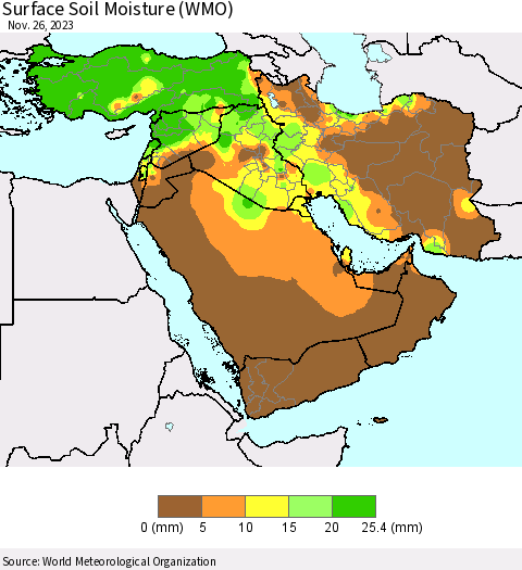 Middle East and Turkey Surface Soil Moisture (WMO) Thematic Map For 11/20/2023 - 11/26/2023
