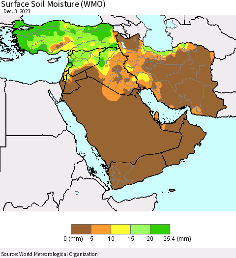 Middle East and Turkey Surface Soil Moisture (WMO) Thematic Map For 11/27/2023 - 12/3/2023