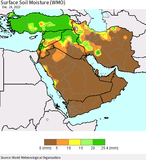 Middle East and Turkey Surface Soil Moisture (WMO) Thematic Map For 12/18/2023 - 12/24/2023