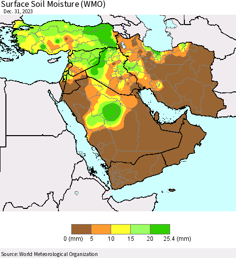 Middle East and Turkey Surface Soil Moisture (WMO) Thematic Map For 12/25/2023 - 12/31/2023