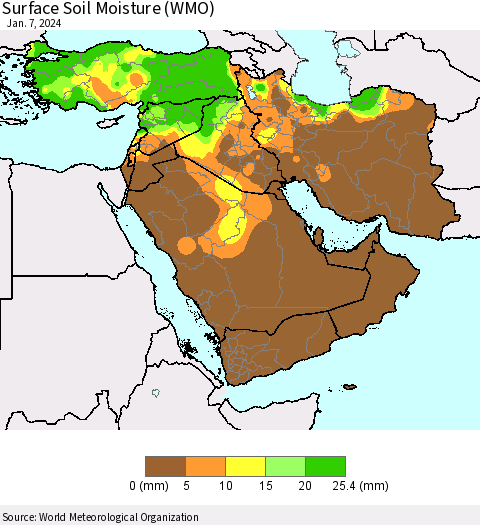 Middle East and Turkey Surface Soil Moisture (WMO) Thematic Map For 1/1/2024 - 1/7/2024