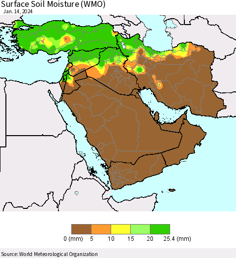 Middle East and Turkey Surface Soil Moisture (WMO) Thematic Map For 1/8/2024 - 1/14/2024
