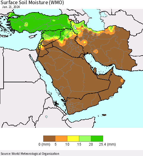 Middle East and Turkey Surface Soil Moisture (WMO) Thematic Map For 1/15/2024 - 1/21/2024