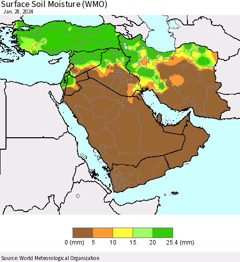 Middle East and Turkey Surface Soil Moisture (WMO) Thematic Map For 1/22/2024 - 1/28/2024