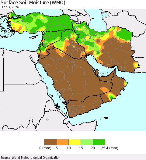 Middle East and Turkey Surface Soil Moisture (WMO) Thematic Map For 1/29/2024 - 2/4/2024