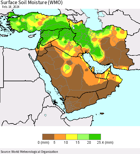 Middle East and Turkey Surface Soil Moisture (WMO) Thematic Map For 2/12/2024 - 2/18/2024