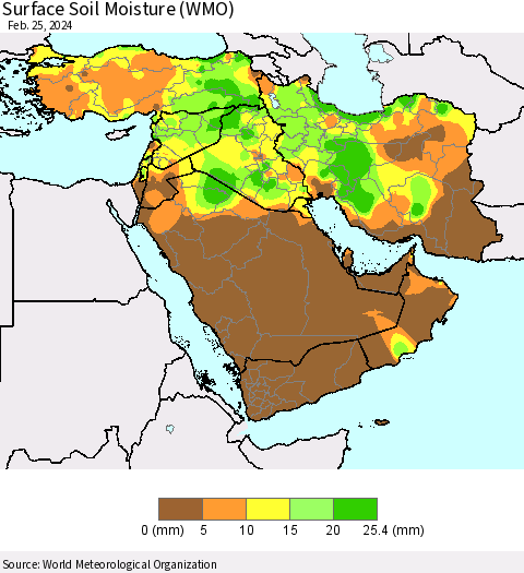 Middle East and Turkey Surface Soil Moisture (WMO) Thematic Map For 2/19/2024 - 2/25/2024
