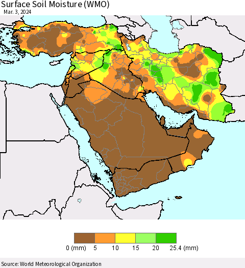 Middle East and Turkey Surface Soil Moisture (WMO) Thematic Map For 2/26/2024 - 3/3/2024