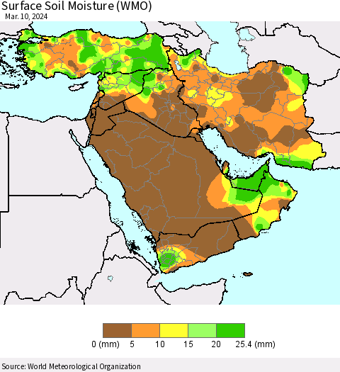 Middle East and Turkey Surface Soil Moisture (WMO) Thematic Map For 3/4/2024 - 3/10/2024