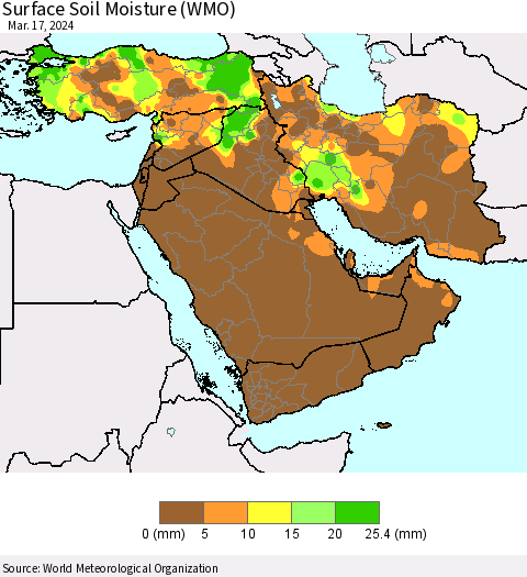 Middle East and Turkey Surface Soil Moisture (WMO) Thematic Map For 3/11/2024 - 3/17/2024